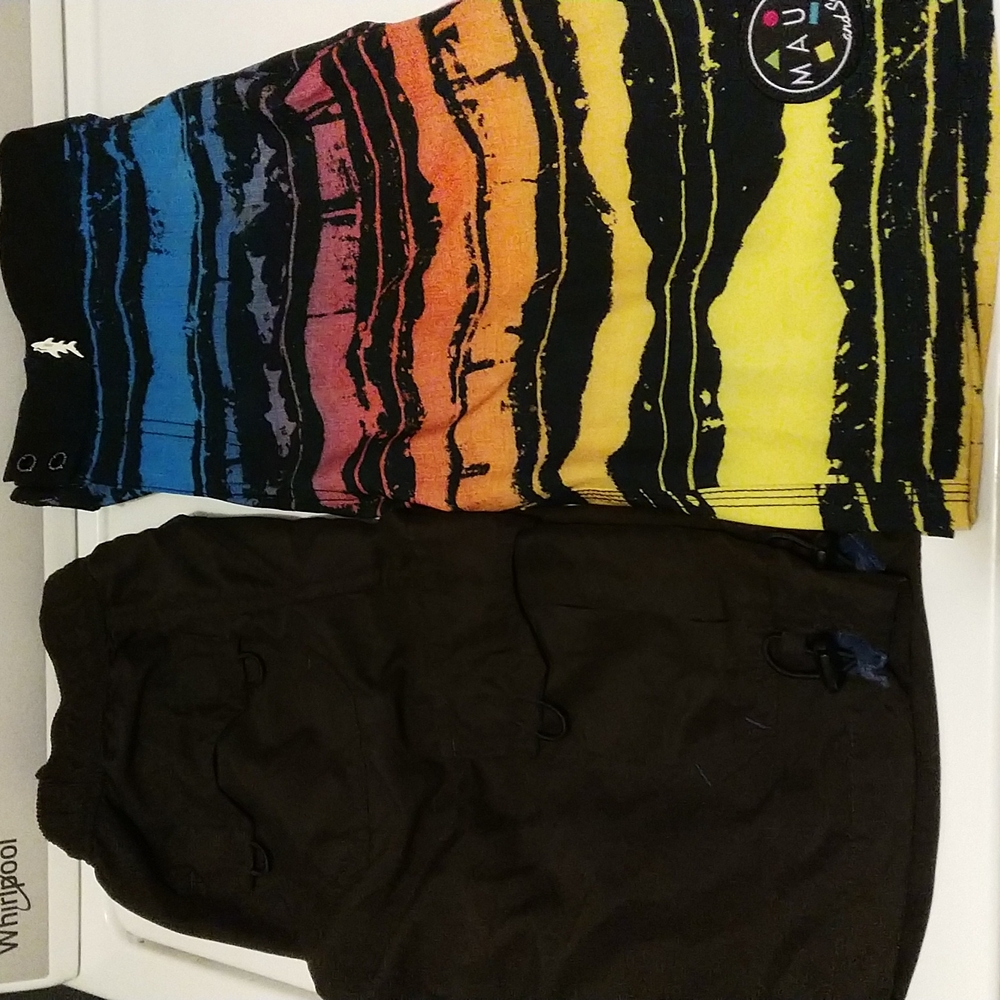 Boys brown shorts 10/12.  Swim trunks boys 14.